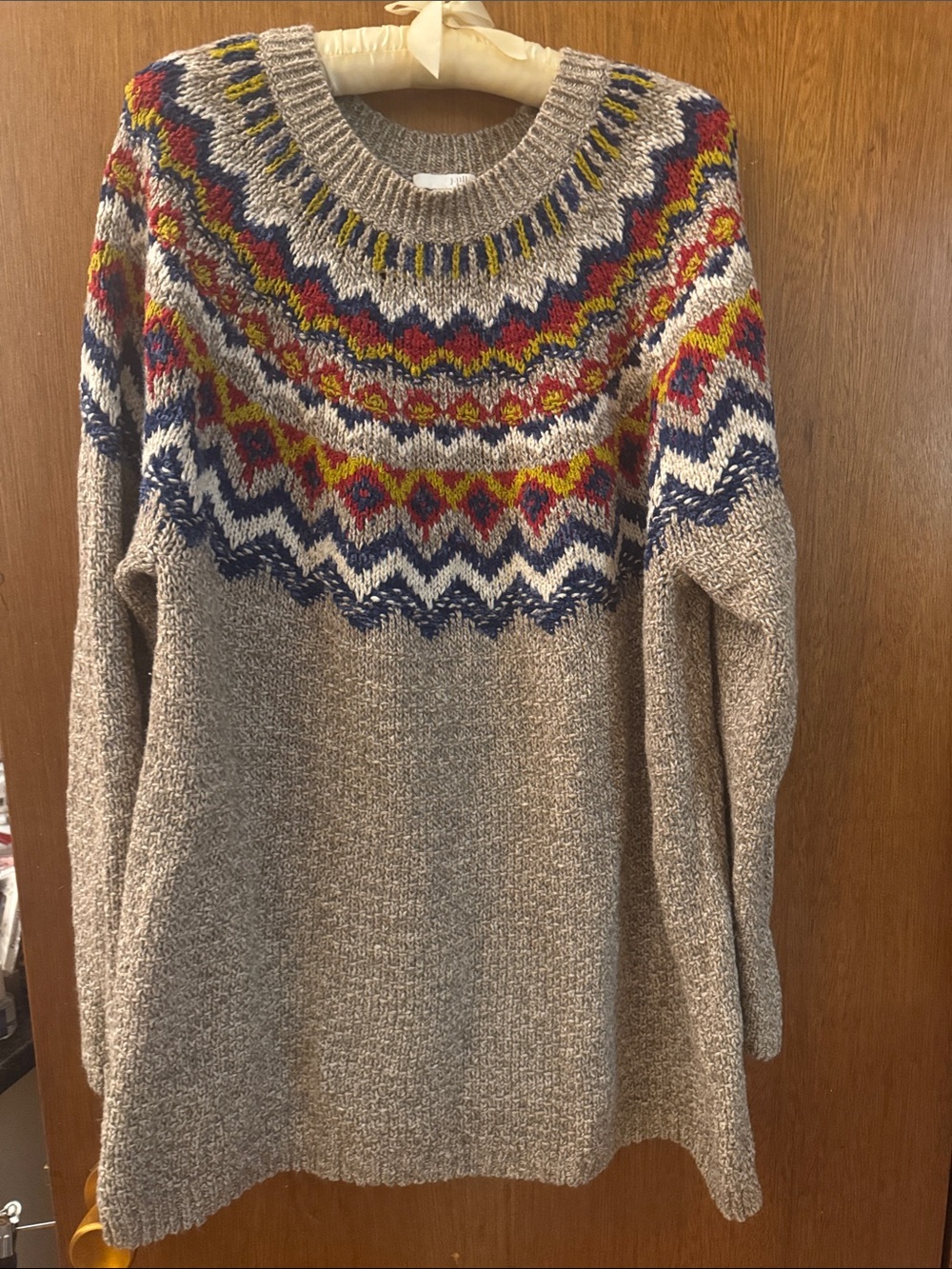 J. Jill Tan Crewneck Sweater with Navy, Red and Yellow Fair Isle Yoke